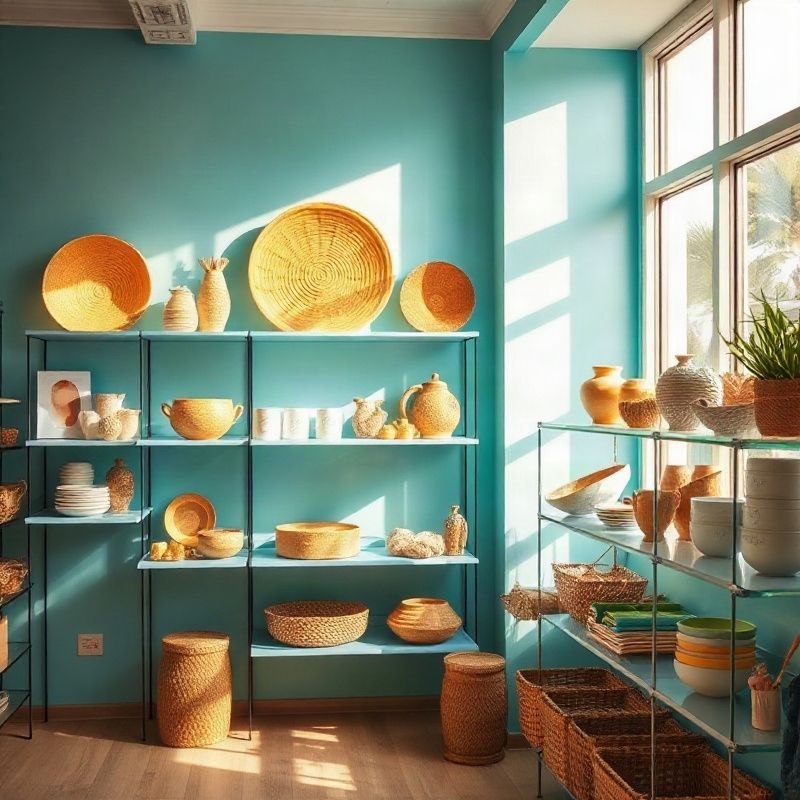 Bright teal-modern retail shelving with curated coastal products