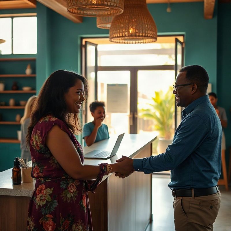 A customer being welcomed inside Lumentvivid's teal-accented reception