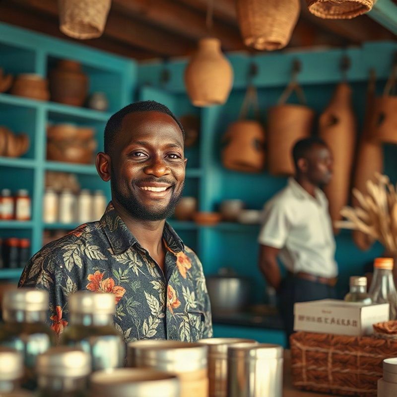 Friendly Kenyan shopkeeper at the Lumentvivid counter